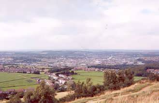 View from Castle Hill, Huddersfield, Kirklees, West Yorkshire - looking north across the town of Huddersfield