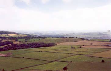 View from Castle Hill, Huddersfield, Kirklees, West Yorkshire - looking across the Holme Valley south towards Holmfirth, Holme Moss, and the edge of the Derbyshire Peak District