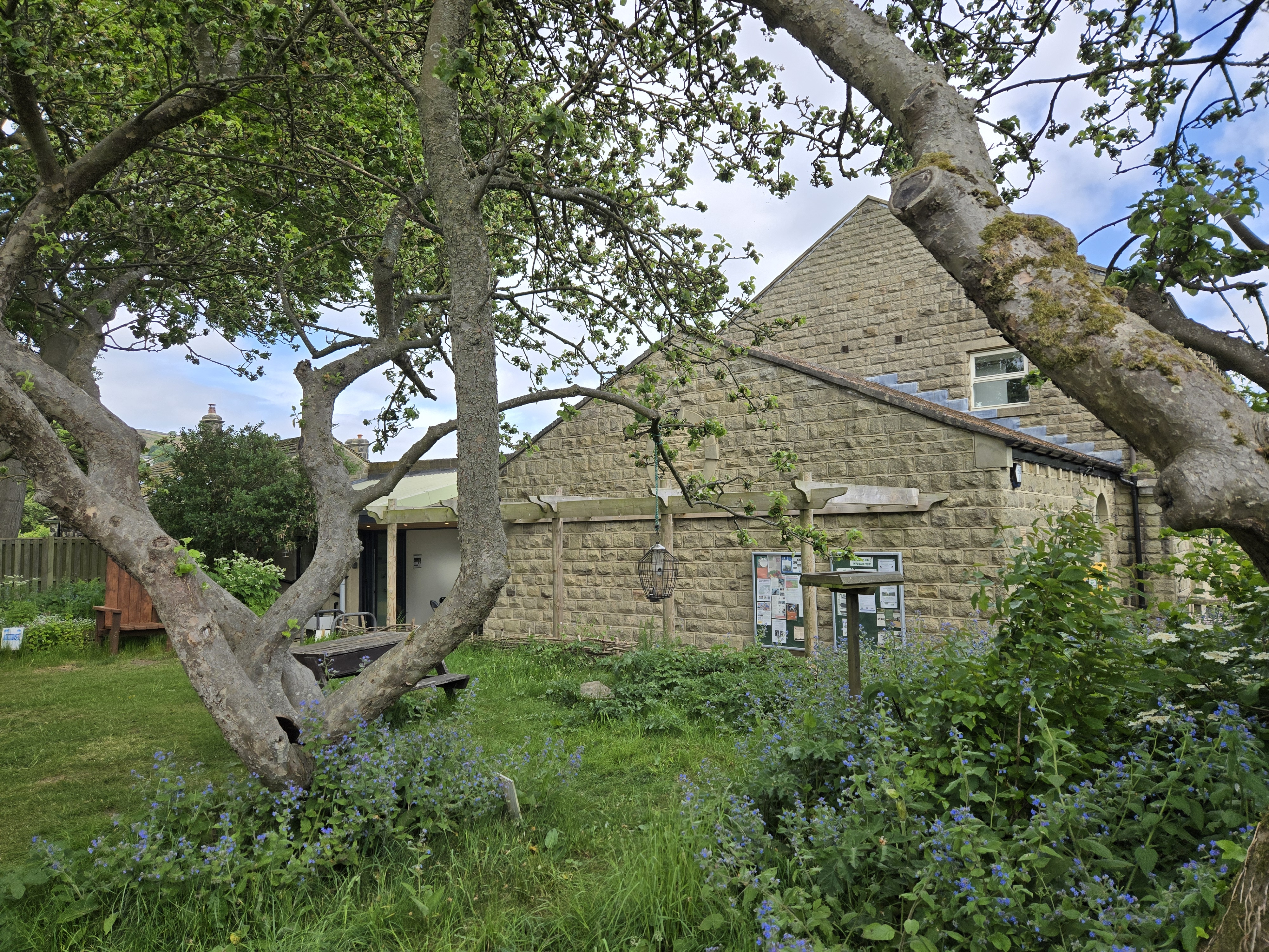 Gable end of stone building with tree in foreground