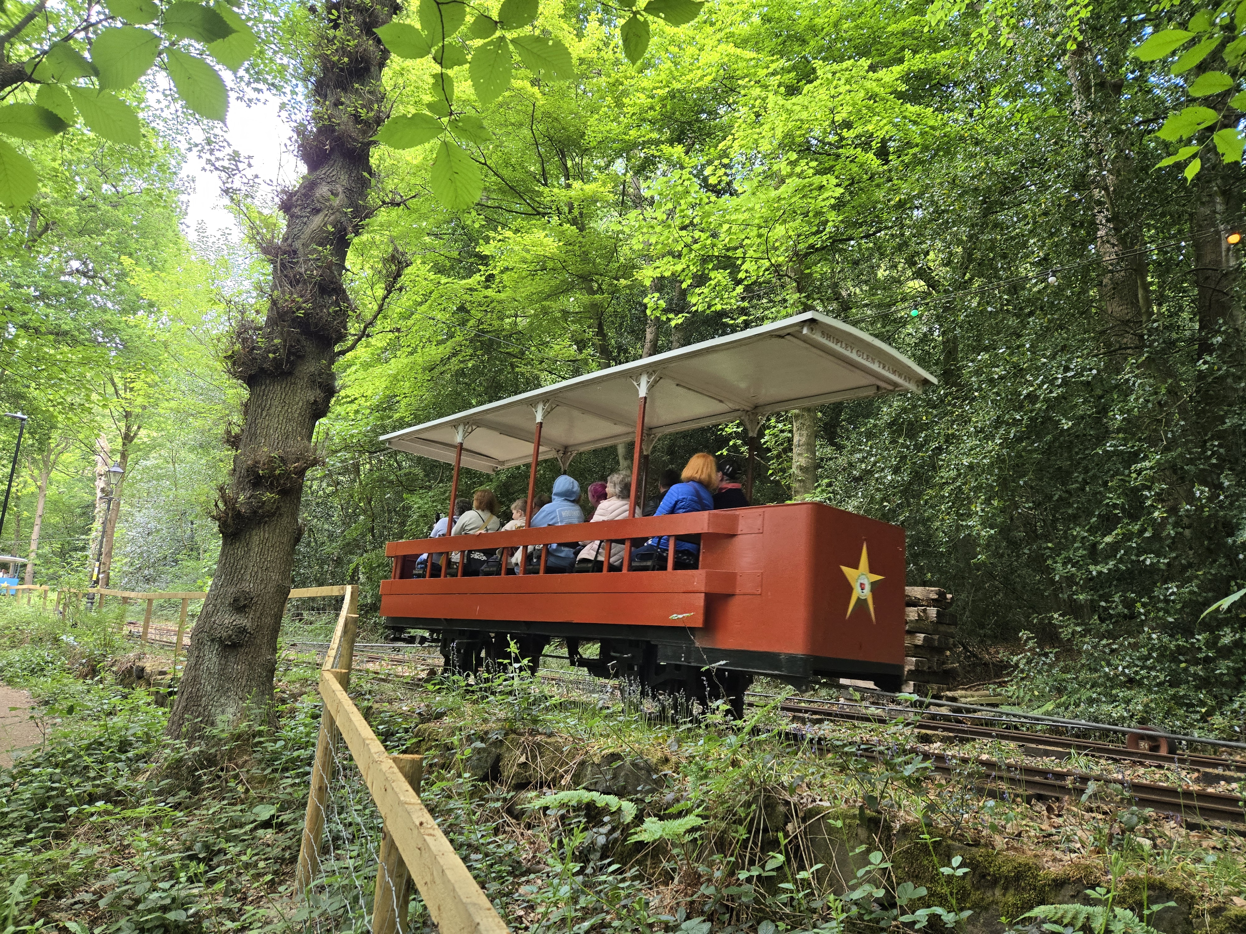 Red carriage passing through woods on the Shipley Glen Tramway