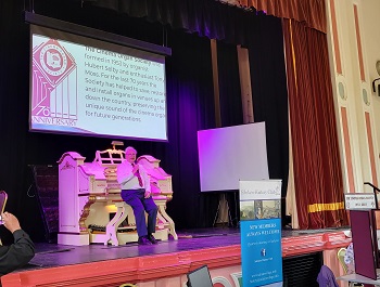 Cnema organ on the stage in Victoria Hall, Saltaire